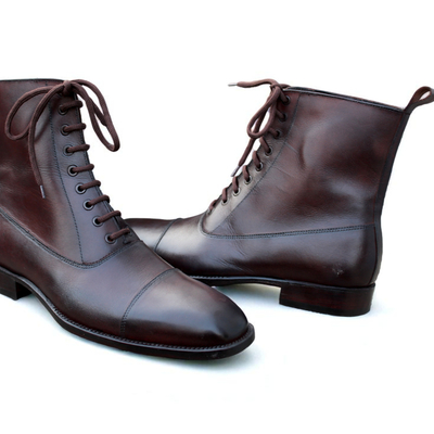crafted leather dark brown classic handmade ankle high lace up boot - Thumbnail 1