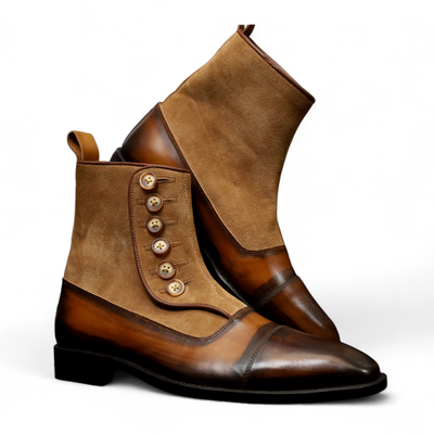 Crafted leather classic men brown patina and brown suede ankle high button boot - Thumbnail 1