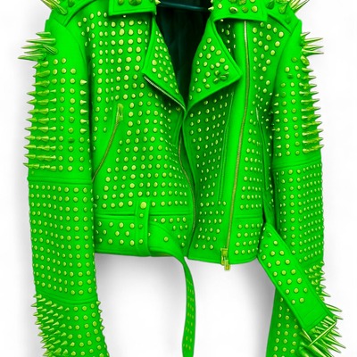 Crafted leather new classic awesome handmade women's electric green color studded brando metal spiked leather round studs jacket - Thumbnail 1