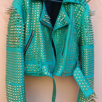 Crafted leather new classic awesome handmade women's viridian green leather studded brando metal spiked leather round studs jacket - Thumbnail 2