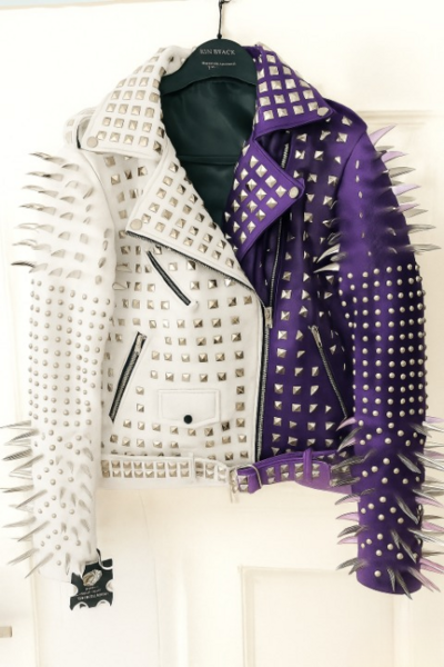 Crafted Leather New Handmade Women's Punk Full Long Spiked Studded Brando Purple Black Adorable Leather Jacket