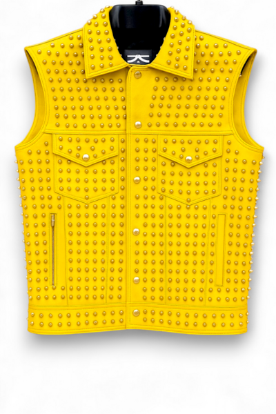 Crafted Leather Men Yellow Studded Jacket Punk Style Stylish Leather Vest