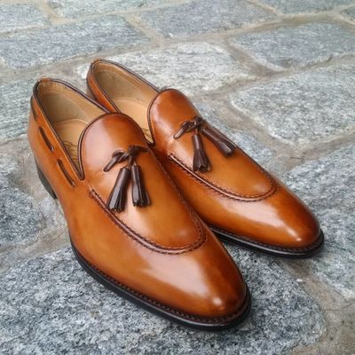 Unique men's hand stitch brown tassels loafer shoes, attractive christmas gift shoes