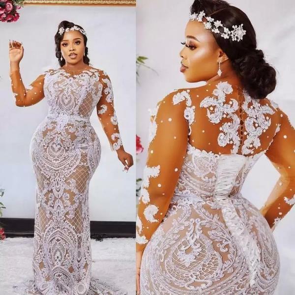 Fashion Plus Size Mermaid Lace Wedding Dresses Sheer Bateau Neck Long Sleeves Beaded Bridal Gown,1567