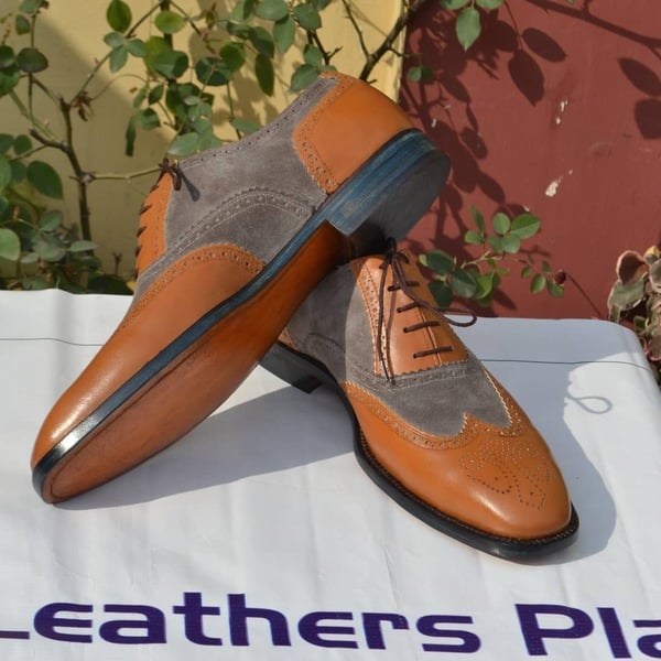 Brown Gray Suede Leather Wingtip Shoes, Handmade Men Oxford Lace up Dress Shoes