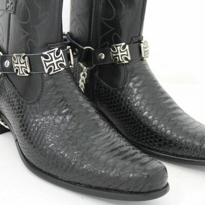 Biker men western boot silver chain pair leather 2 strap pair cross charms band