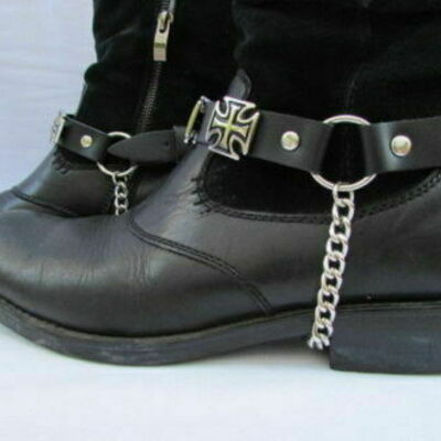 Biker men western boot silver pair leather 2 straps religious cross charm