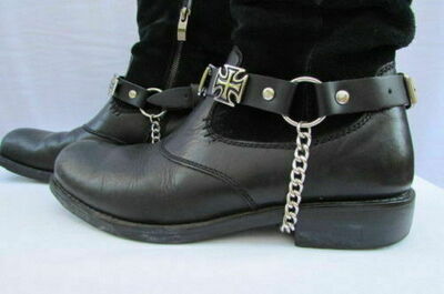 Biker Men Western Boot Silver Pair Leather 2 Straps Religious Cross Charm