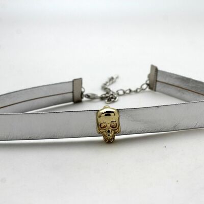 Biker women skull skinny band choker necklace shiny silver gothic fashion rocker