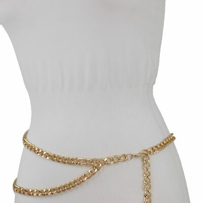 Women belt waist hip skinny gold metal chain thick links long fringe m l xl