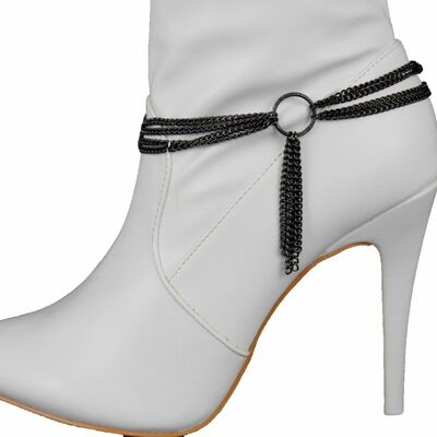 Women boot bracelet black metal chain anklet shoe center ring strings charm
