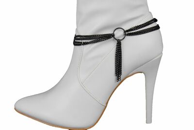 Women Boot Bracelet Black Metal Chain Anklet Shoe Center Ring Strings Charm