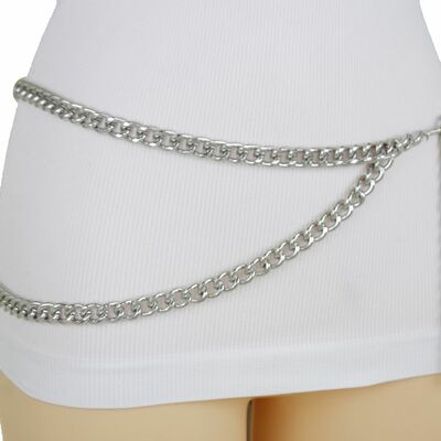 Women fashion belt silver metal chain high waist hip side wave plus m l xl