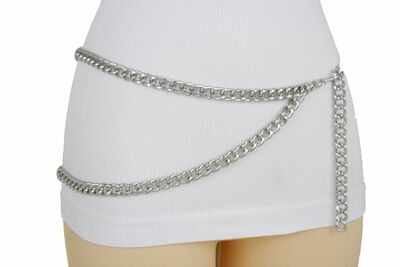 Women Fashion Belt Silver Metal Chain High Waist Hip Side Wave Plus M L XL
