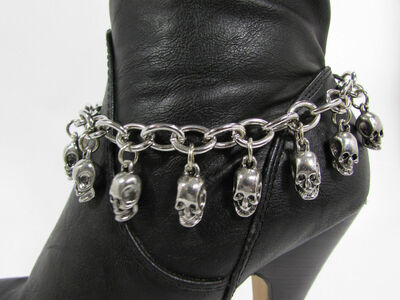 Women Fashion Boot Chain Bracelet Silver Metal Shoe Biker Skull Rider Charm