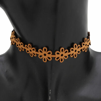 Women fashion brown fabric choker necklace flower charm jewelry skinny band