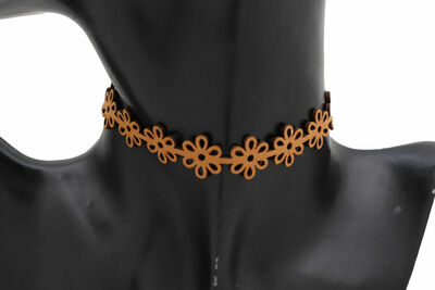 Women Fashion Brown Fabric Choker Necklace Flower Charm Jewelry Skinny Band