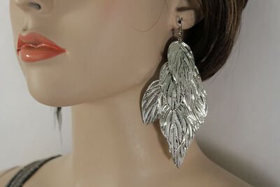 Women Fashion Jewelry Flowers Earrings Silver Metal Leaf Long Dangle