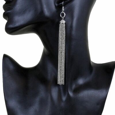 Women fashion long earrings silver metal chains dangle fringe tassel groovy