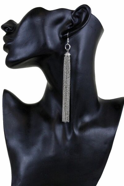 Women Fashion Long Earrings Silver Metal Chains Dangle Fringe Tassel Groovy
