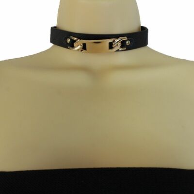Women gold metal chain pendant fashion choker necklace black skinny band
