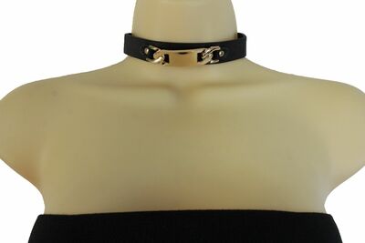 Women Gold Metal Chain Pendant Fashion Choker Necklace Black Skinny Band