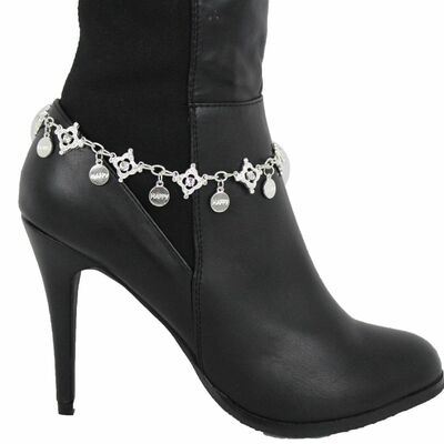 Women shiny silver boot anklet chain metal bracelet shoe happy charm bling