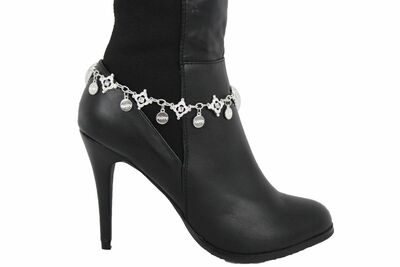 Women Shiny Silver Boot Anklet Chain Metal Bracelet Shoe Happy Charm Bling