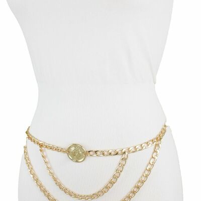 Women gold metal chain fashion skinny belt hip high waist coin charm xs s m