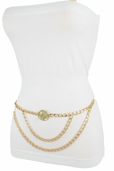 Women Gold Metal Chain Fashion Skinny Belt Hip High Waist Coin Charm XS S M