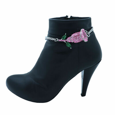 Women silver metal chain boot bracelet shoe pink flower charm dressy anklet