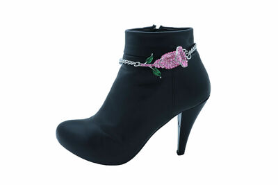 Women Silver Metal Chain Boot Bracelet Shoe Pink Flower Charm Dressy Anklet