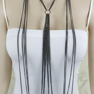 Women fashion jewelry set black metal body chain long necklace ring charm