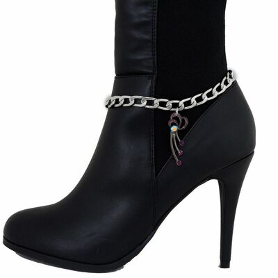 Elegant stylish women silver metal chain bracelet boot purple flower shoe charm