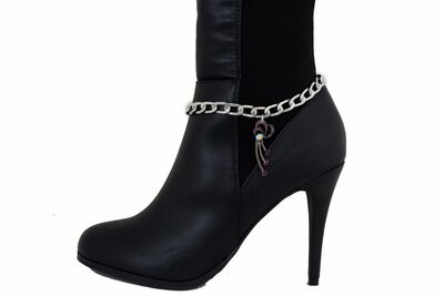 Elegant Stylish Women Silver Metal Chain Bracelet Boot Purple Flower Shoe Charm