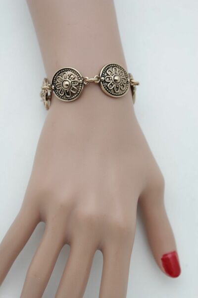 Women Antique Gold Metal Chain Flower Charms Fashion Jewelry Bracelet Floral