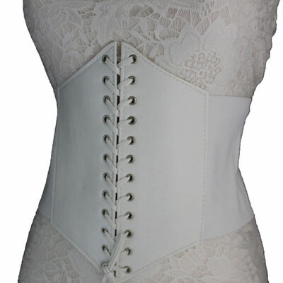 Women white belt extra wide corset tie high waist slimming faux leather m l