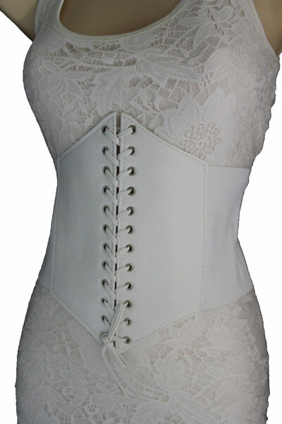 Women White Belt Extra Wide Corset Tie High Waist Slimming Faux Leather M L