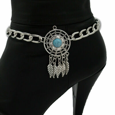 Women boot bracelet silver metal chain blue feather shoe charm dream catcher
