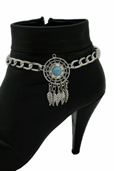 Women Boot Bracelet Silver Metal Chain Blue Feather Shoe Charm Dream Catcher
