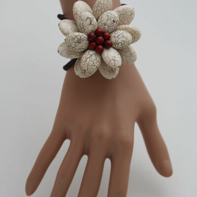 Women bracelet white red bead flower charm elastic cuff band fashion jewelry