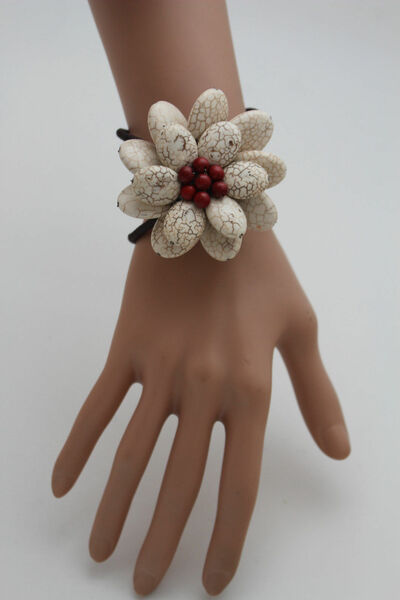 Women Bracelet White Red Bead Flower Charm Elastic Cuff Band Fashion Jewelry