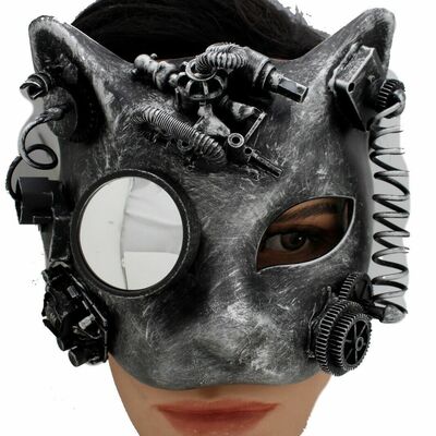 Futuristic metallic black halloween costume face mask steampunk robot cat
