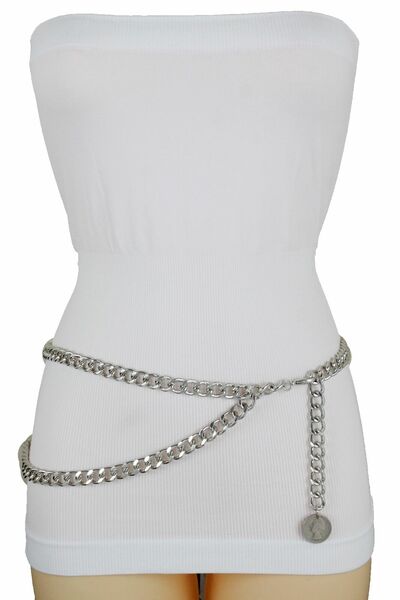 Women Fierce Belt Silver Metal Chunky Chain Quarter Coin Charm Buckle M L XL