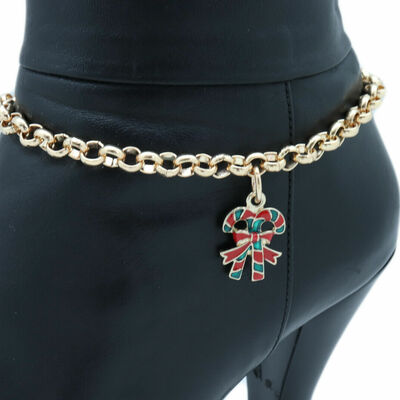 Women gold metal boot chain bracelet christmas shoe candy cane charm holiday