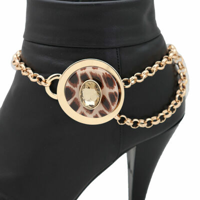Women gold metal chain artsy boot bracelet shoe animal print charm accessory