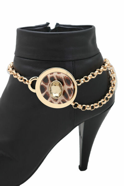 Women Gold Metal Chain Artsy Boot Bracelet Shoe Animal Print Charm Accessory