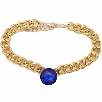 Women gold metal chain short necklace blue bead bling pendant cocktail party