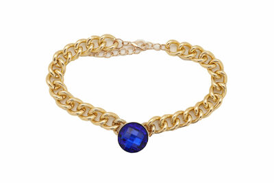 Women Gold Metal Chain Short Necklace Blue Bead Bling Pendant Cocktail Party
