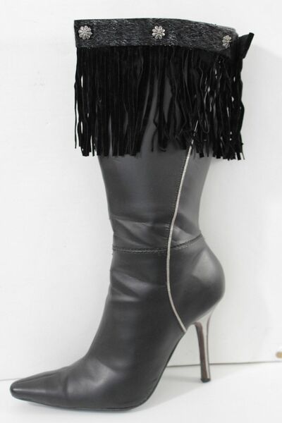 Western Women Winter Boot Toppers Black Fabric Long Fringe Knee High Flower Sexy